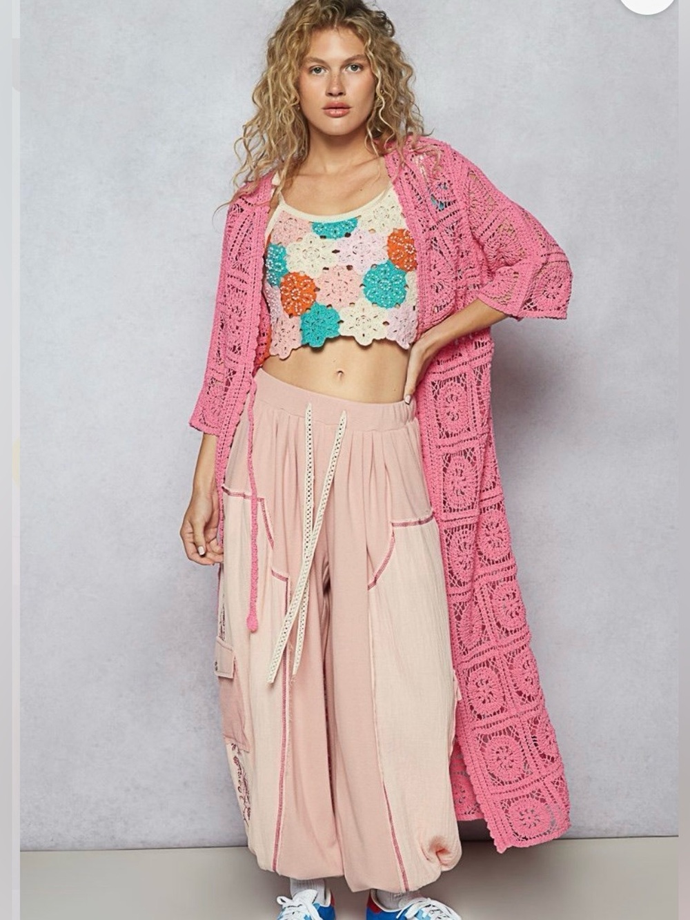 POL Pink Crochet Long Cardigan with Multicolor Crochet Crop Top